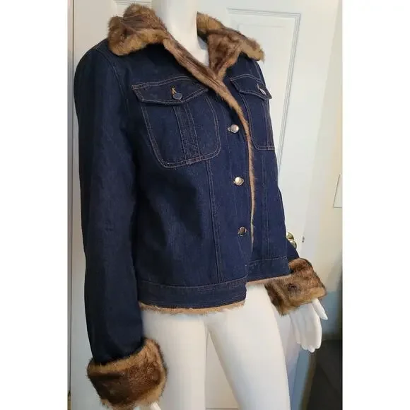 Fabulous Furs Denim Jeans Faux Fur Lined Jacket Button Women's Size L USA - Picture 3 of 8